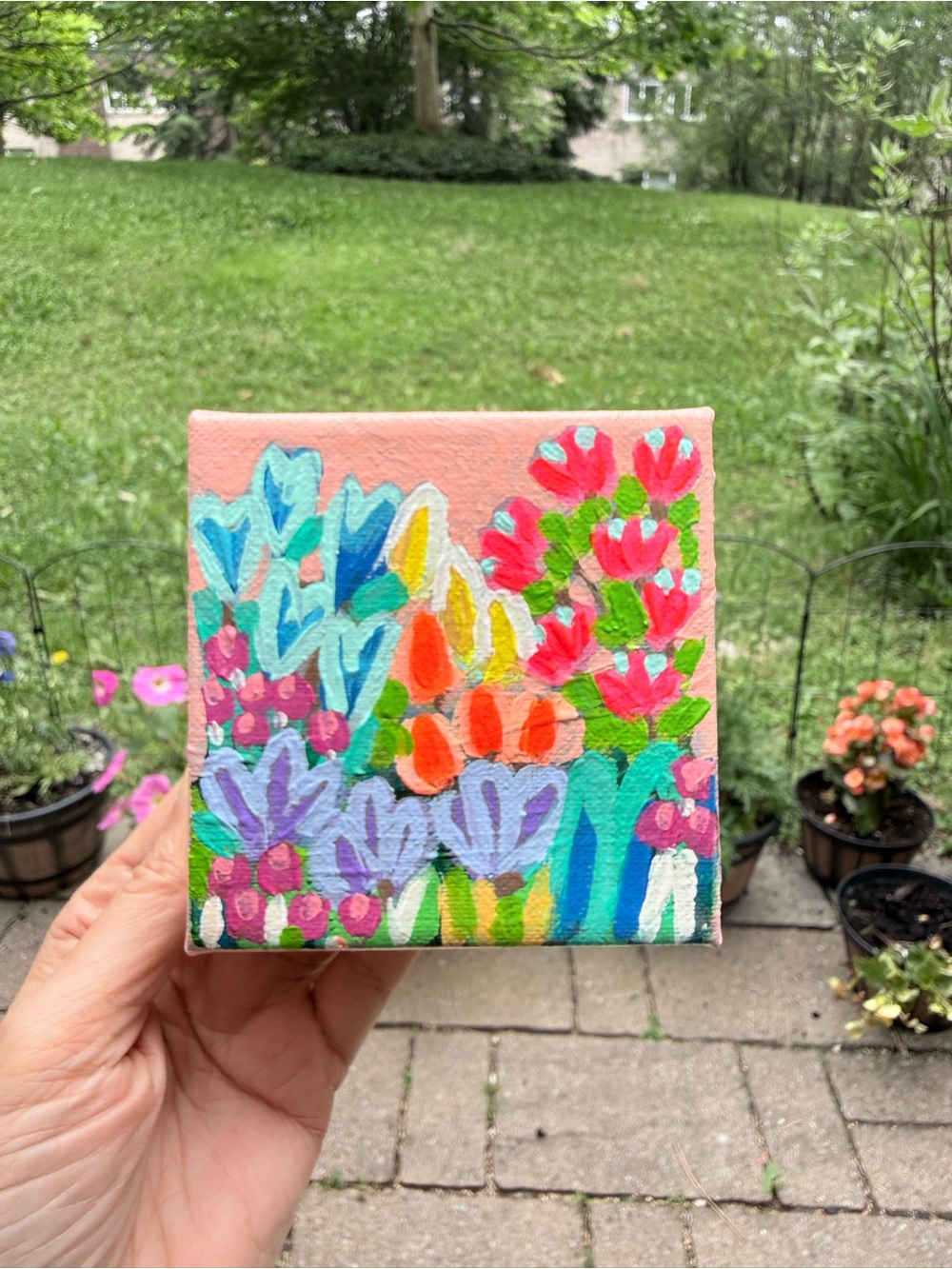 Colorful Floral Acrylic Mini Canvas - Bright Pink Background by Sara Purves